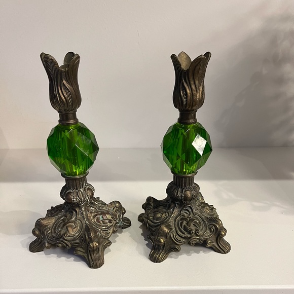 Vintage Other - Hollywood regency green lucite and bronze candleholders
